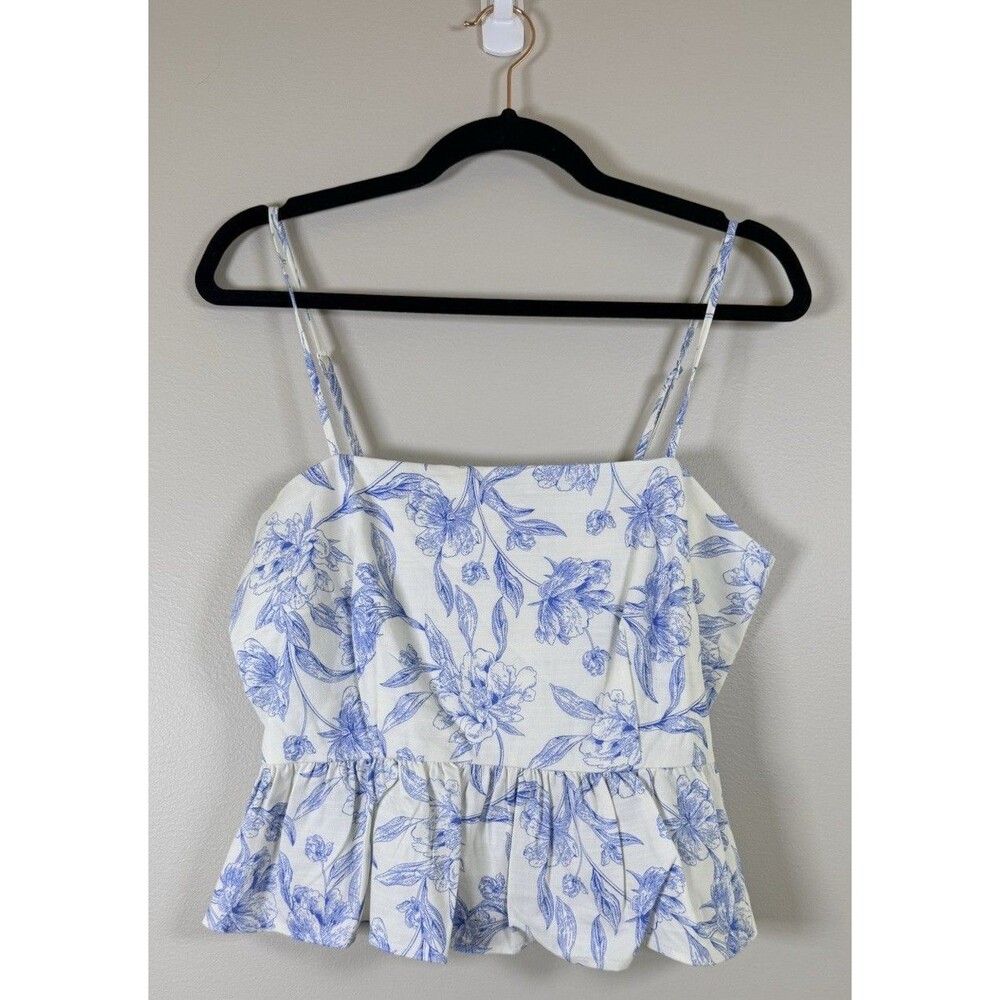 A New Day NWT White/Blue Floral Smocked Ruffle Square Neck Cami Tank - M